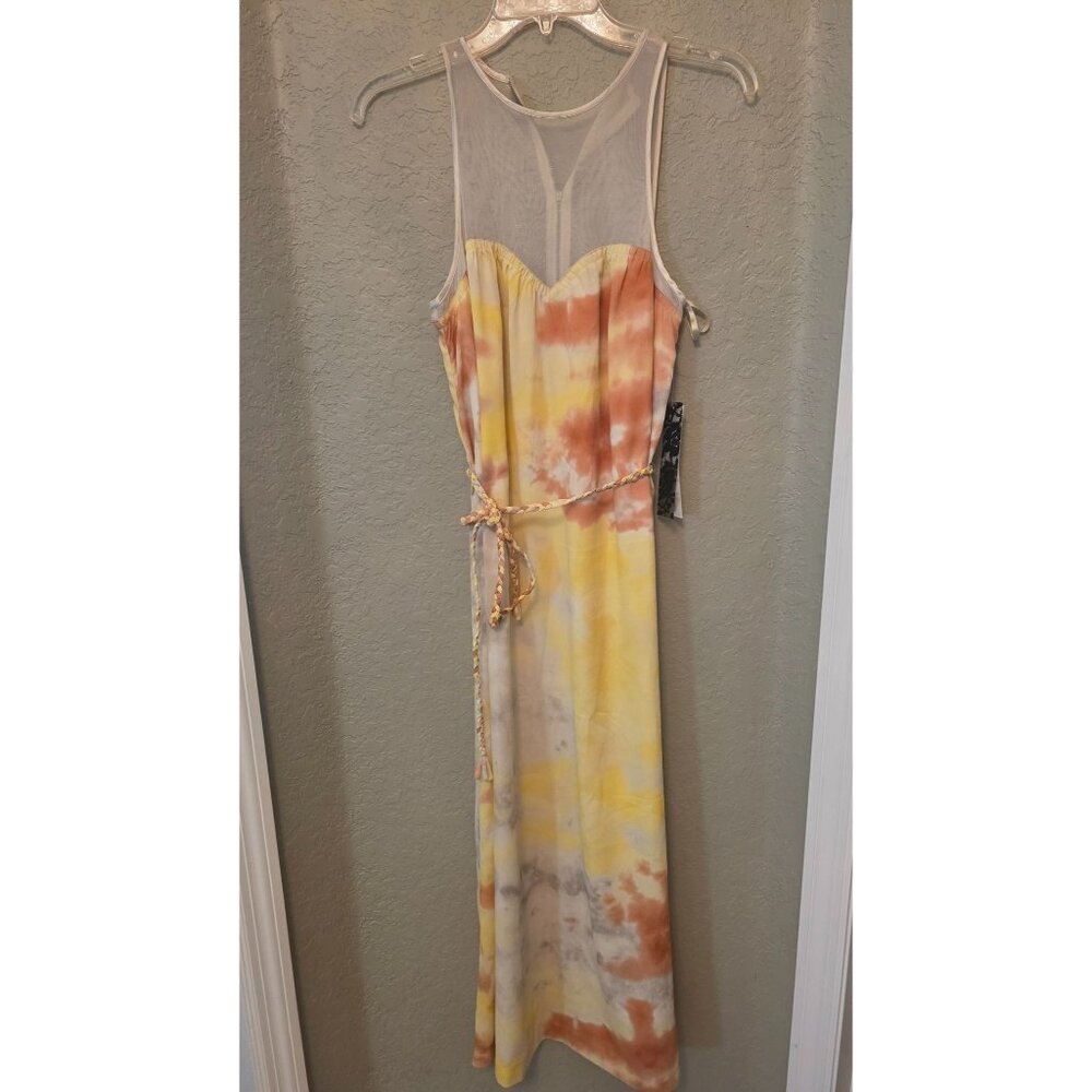 Kensie Yellow Watercolor Belted Lightweight Sleeveless Maxi Dress M NEW